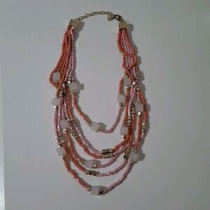 Multi-Strand Layered White Pink Coral Gold Cube Cubic Geometric Beaded Necklace